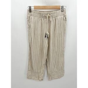 Harmony & Havoc Cream Blue Striped Cropped Linen Blend Capri Pants Loose Women L
